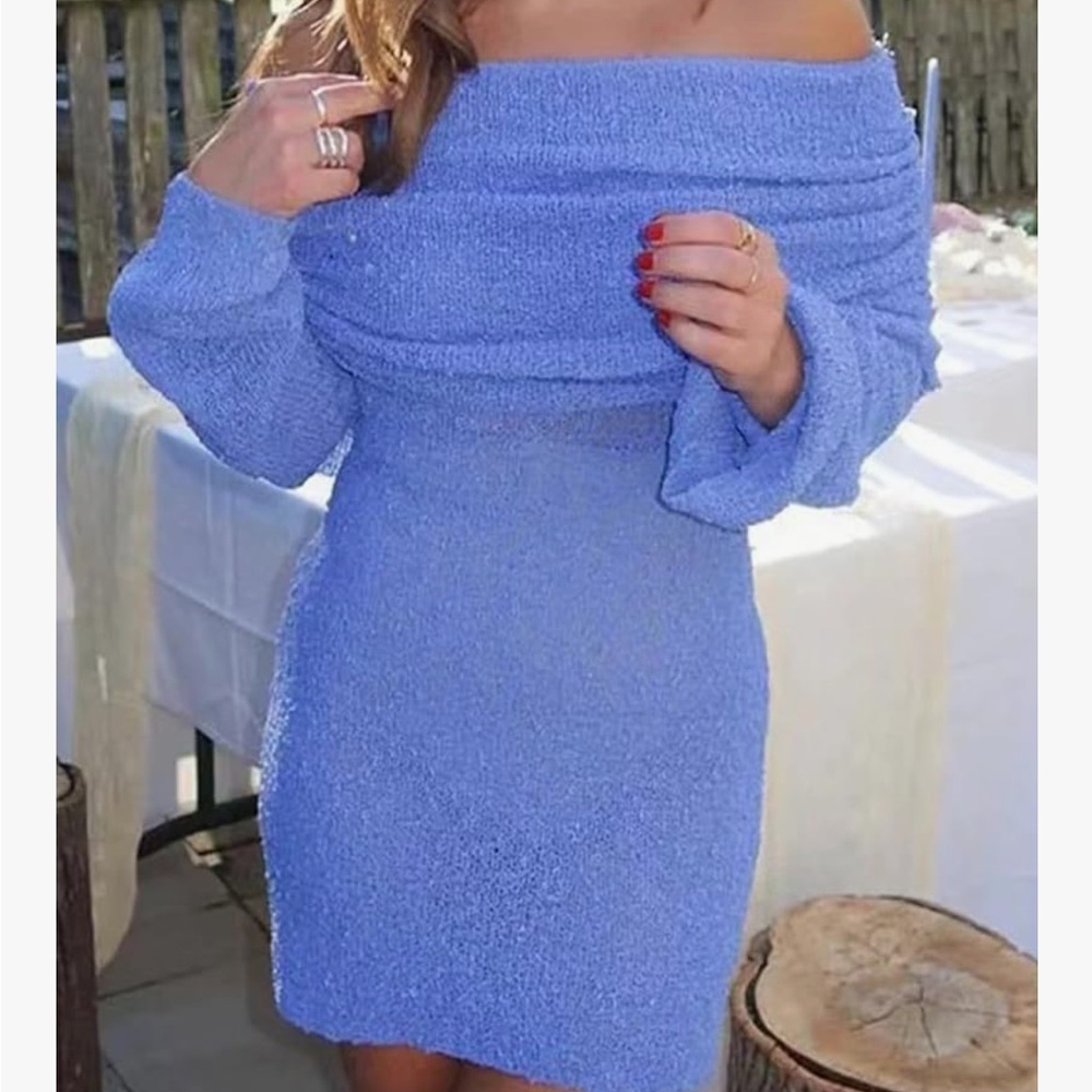 Off-Shoulder Blue Knit Dress